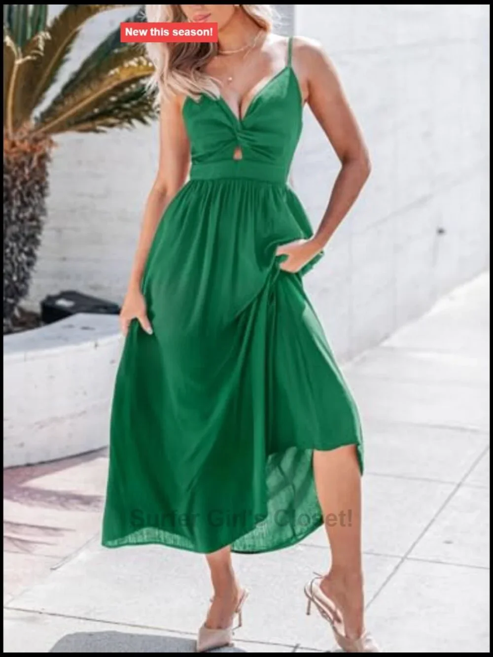 Sleeveless Spaghetti Strap Maxi Dress Pleated Cutout Adjustable Tie Back Rayon